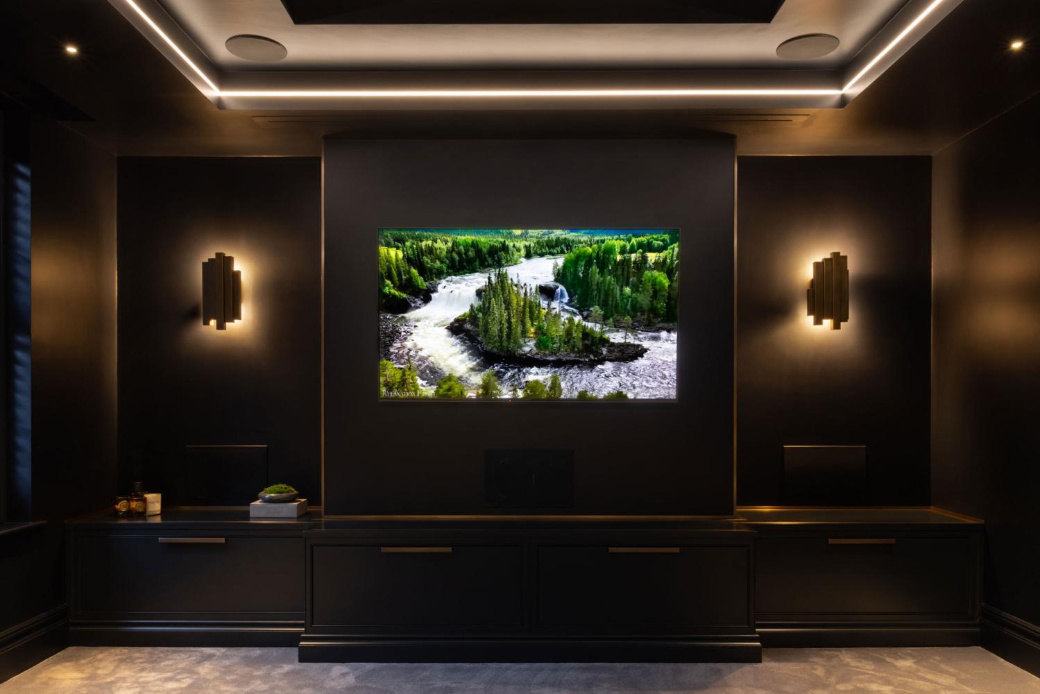 Media wall with TV and wall sconce lights