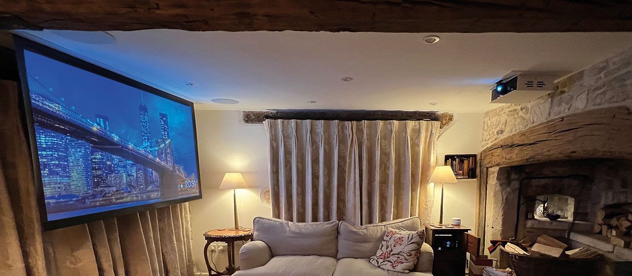 period property with beams and projector screen
