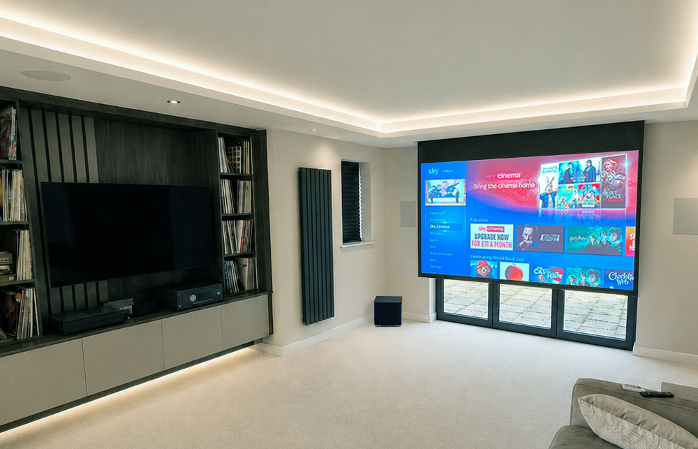 Concealed Home Cinema in front of patio doors